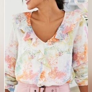 Soft Surroundings Adeline Linen Women's Floral Ruffle Top Size Medium